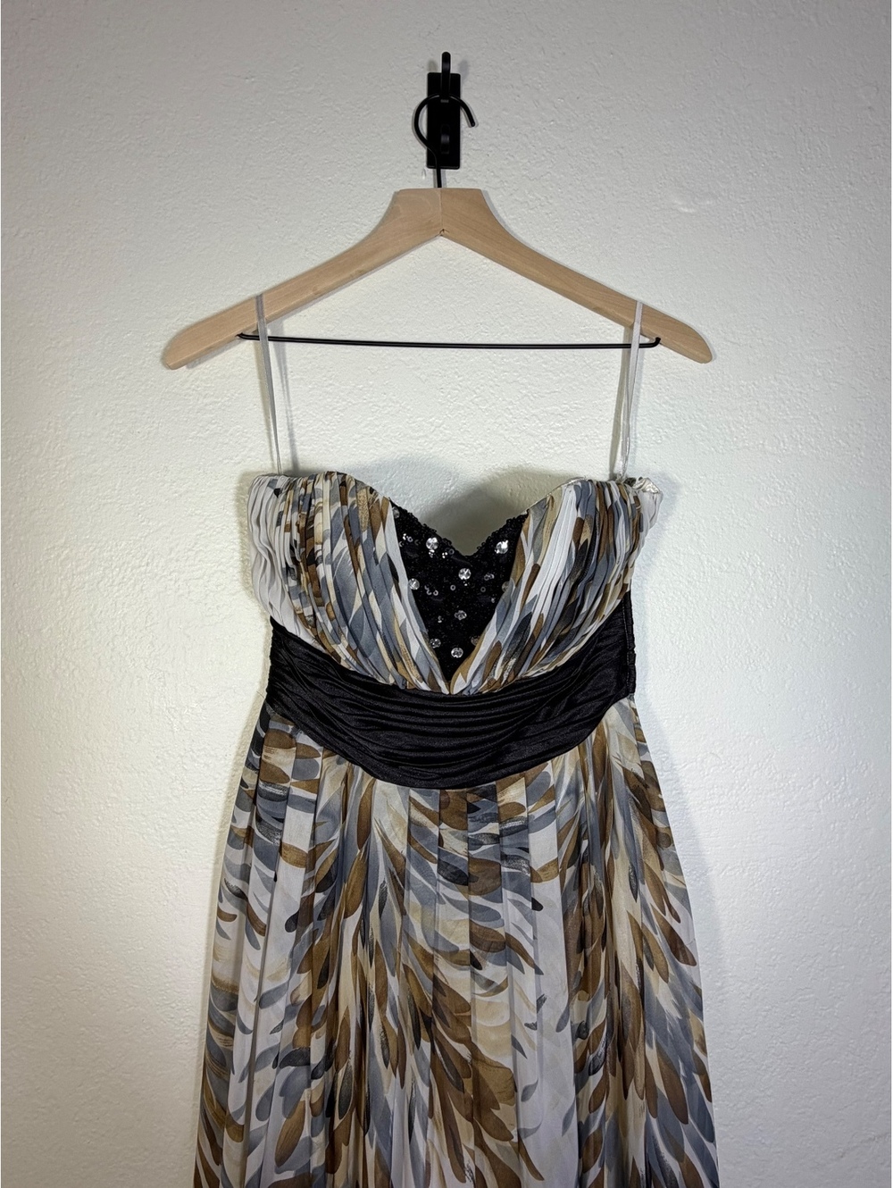 EVA USA Strapless Sequin Bodice Chiffon Gown Leaf Print Size S